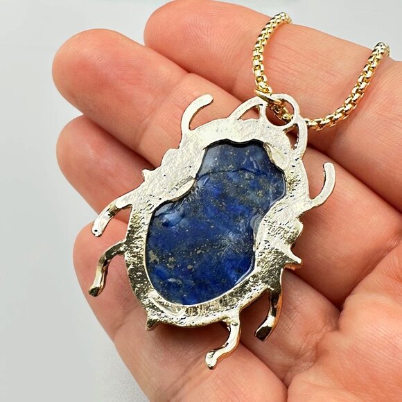 Evil Eye Necklace Blue Lapis Lazuli Gemstone Scarab Beetle Pendant Gold Plated - Picture 4 of 5